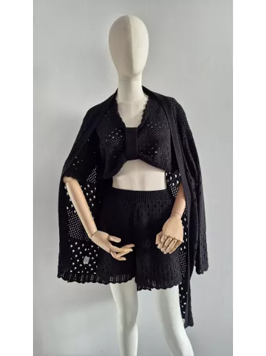 Komplet dzianinowy crochet Le Marlé – top, szorty i narzutka czarny handmade