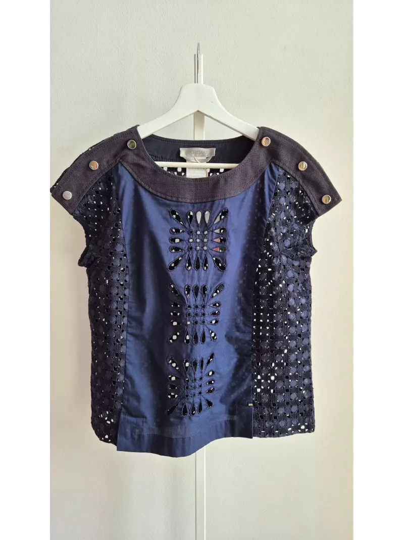 Sportmax – granatowa bluzka ażurowa z bawełny i lnu