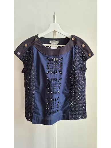 Sportmax – granatowa bluzka ażurowa z bawełny i lnu