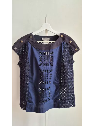 Sportmax – granatowa bluzka ażurowa z bawełny i lnu