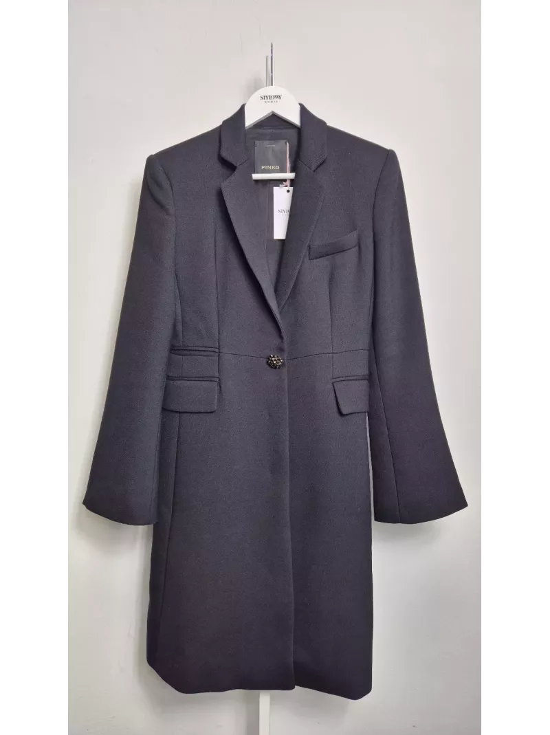 PINKO czarny długi płaszcz damski z ozdobnym guzikiem, rozmiar 36 polski