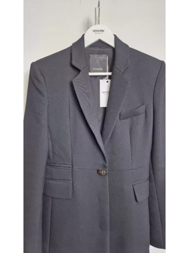 PINKO czarny długi płaszcz damski z ozdobnym guzikiem, rozmiar 36 polski