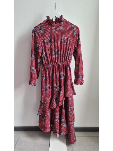 Sukienka midi Yoshé w kwiaty bordo falbany r. 36 – Stylowy Komis