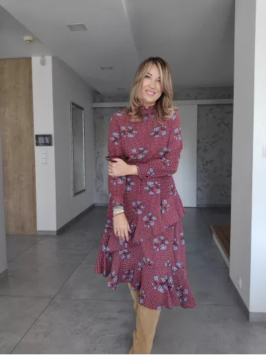 Sukienka midi Yoshé w kwiaty bordo falbany r. 36 – Stylowy Komis