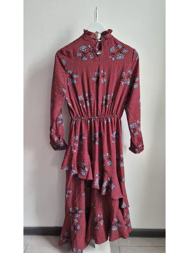 Sukienka midi Yoshé w kwiaty bordo falbany r. 36 – Stylowy Komis