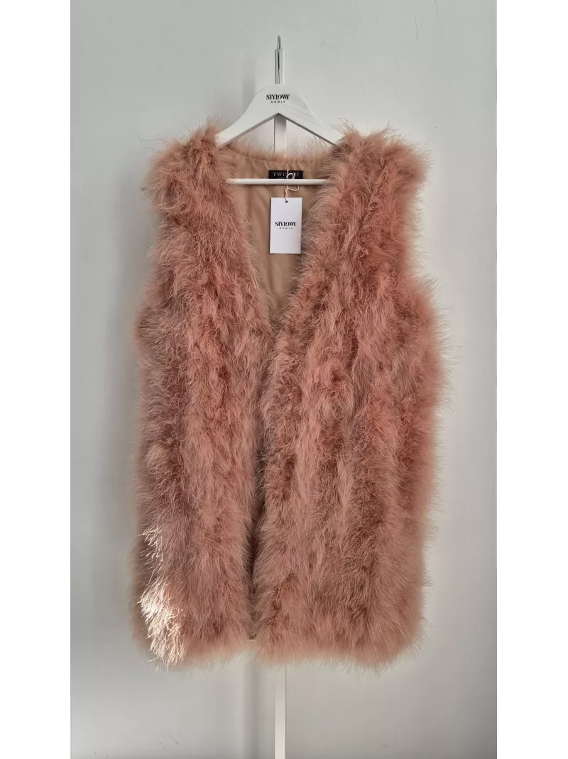 Twinset różowa futrzana kamizelka z piórami M – Stylowy Komis