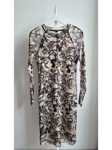 Marc Cain sukienka midi z siateczki w kwiatowy wzór beżowo-czarna N3 |