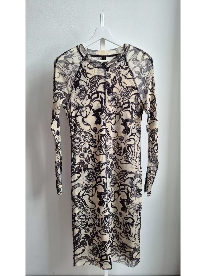 Marc Cain sukienka midi z siateczki w kwiatowy wzór beżowo-czarna N3 |