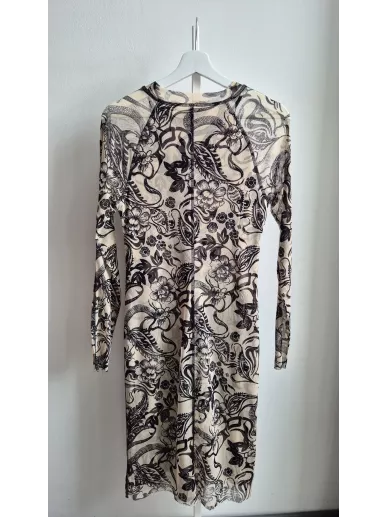 Marc Cain sukienka midi z siateczki w kwiatowy wzór beżowo-czarna N3 |