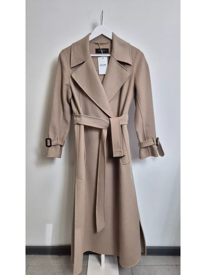 Płaszcz Weekend MaxMara beżowy z paskiem z wełny dziewiczej