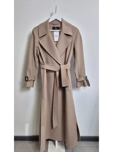 Płaszcz Weekend MaxMara beżowy z paskiem z wełny dziewiczej