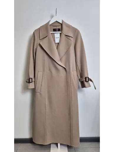 Płaszcz Weekend MaxMara beżowy z paskiem z wełny dziewiczej