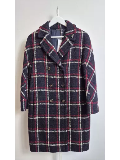 Płaszcz S MaxMara wełniany w kratę granatowo-czerwoną