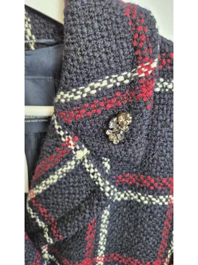 Płaszcz S MaxMara wełniany w kratę granatowo-czerwoną